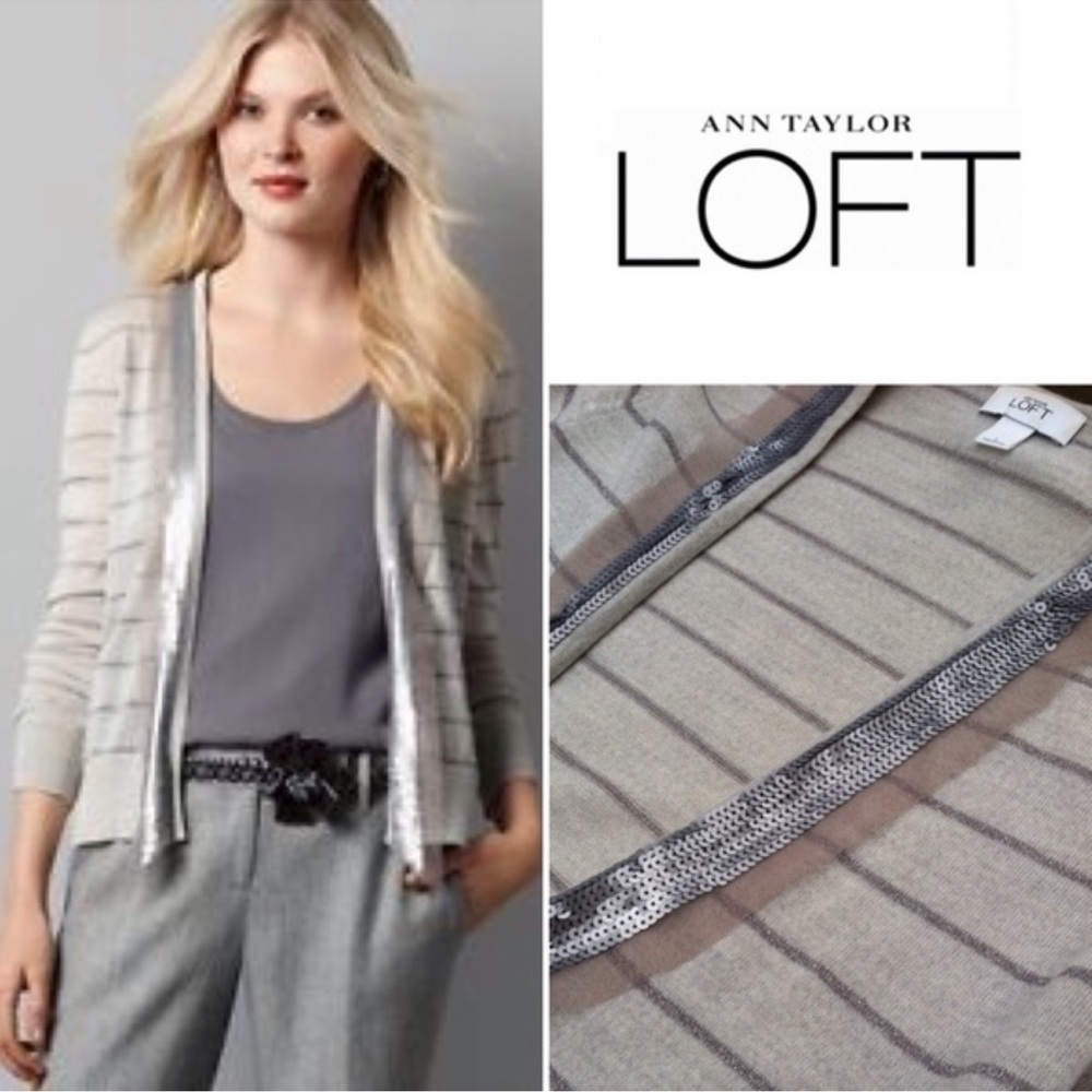 LOFT Cream and Gray Sequin Trim Striped Cardigan Sz. S